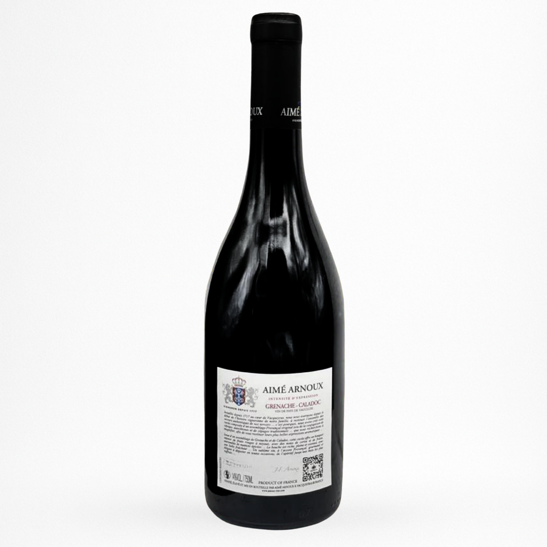 Bouteille de Grenache Caladoc Récolte Aimé Arnoux, Vin de Pays de Vaucluse, vin rouge, contre etiquette sur fond blanc
