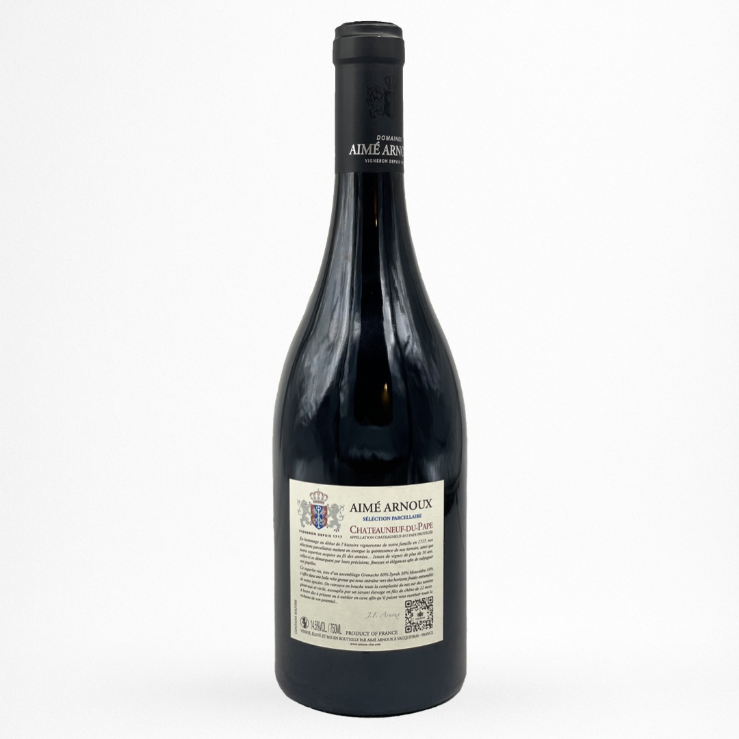 Bouteille de Châteauneuf-du-Pape Sélection Parcellaire 2017 Aimé Arnoux, vin rouge, contre etiquette