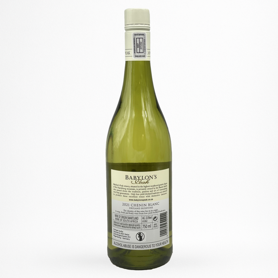 Bouteille de Chenin Blanc Babylon's Peak, Swartland, vin blanc d’Afrique du Sud, contre etiquette sur fond blanc