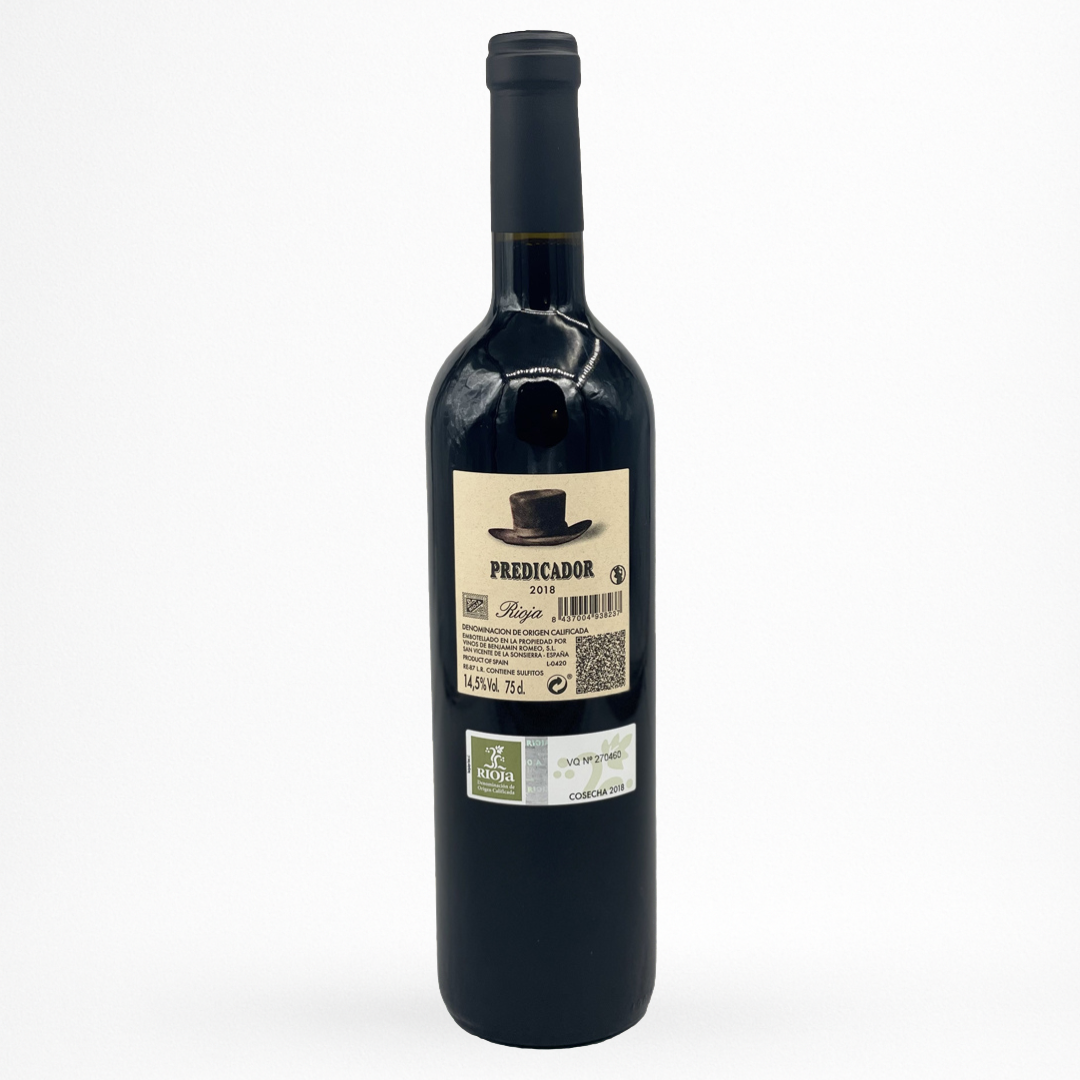 Bouteille de Predicador Bodega Contador, Rioja, vin rouge d’Espagne, contre etiquette sur fond blanc