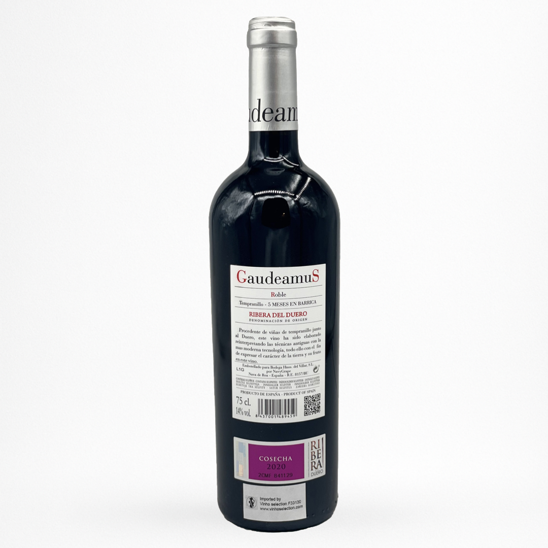 Bouteille de Gaudeamus Bodega Hermanos del Villar, Ribera del Duero, vin rouge d’Espagne, contre etiquette sur fond blanc