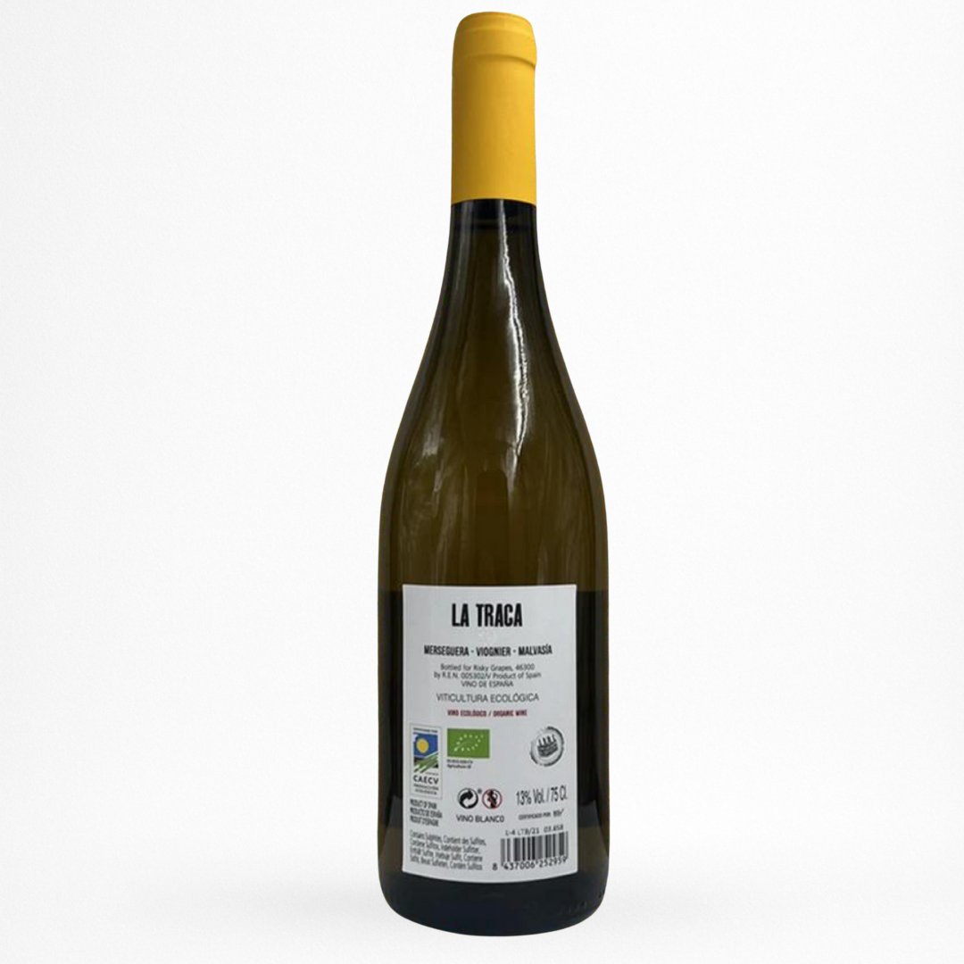 Bouteille de La Traca blanc 2022 Bodega Mustiguillo, Valencia, vin blanc d’Espagne, contre etiquette sur fond blanc