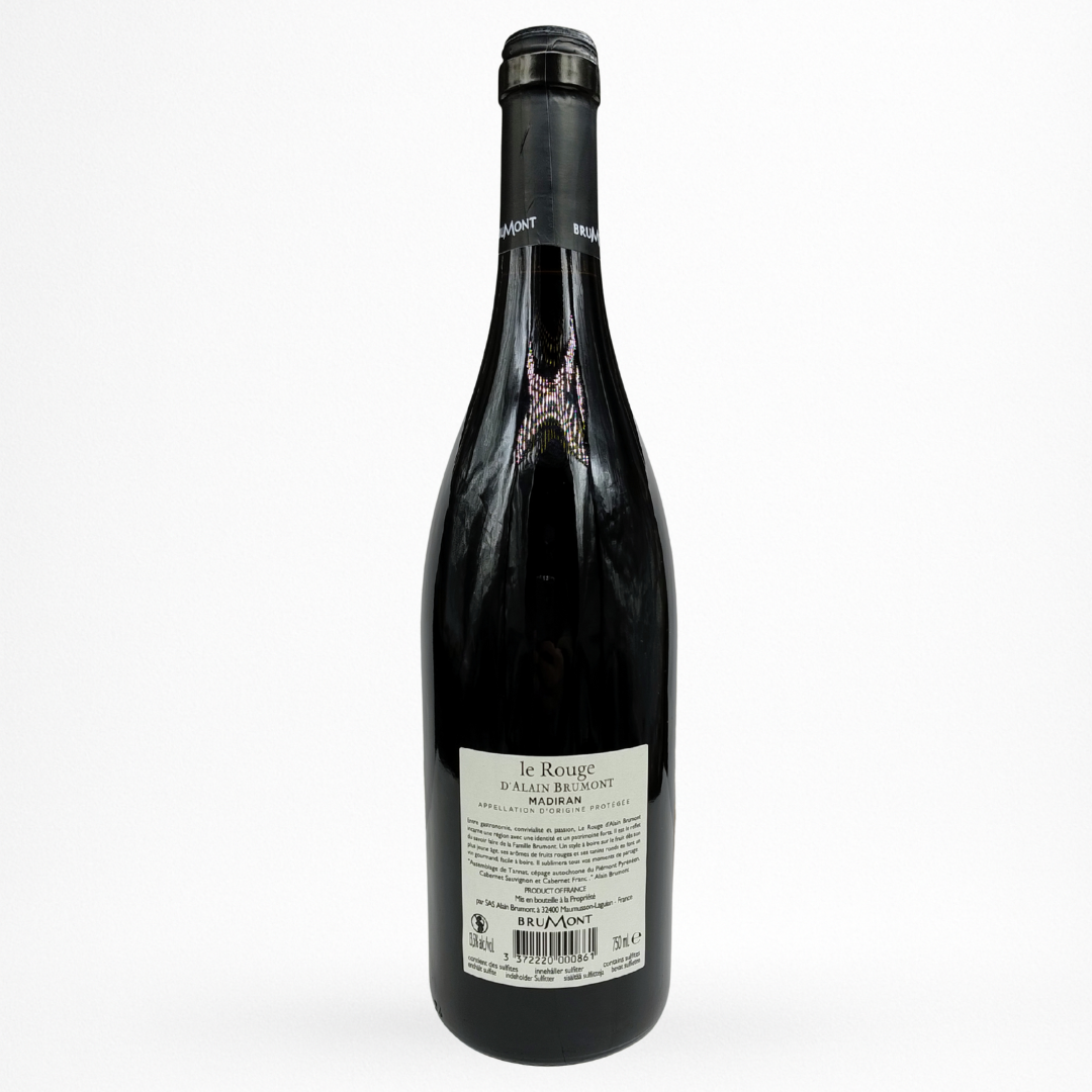 Bouteille de Le Rouge d’Alain Brumont, Pacherenc-du-Vic-Bilh, vin rouge, contre etiquette sur fond blanc