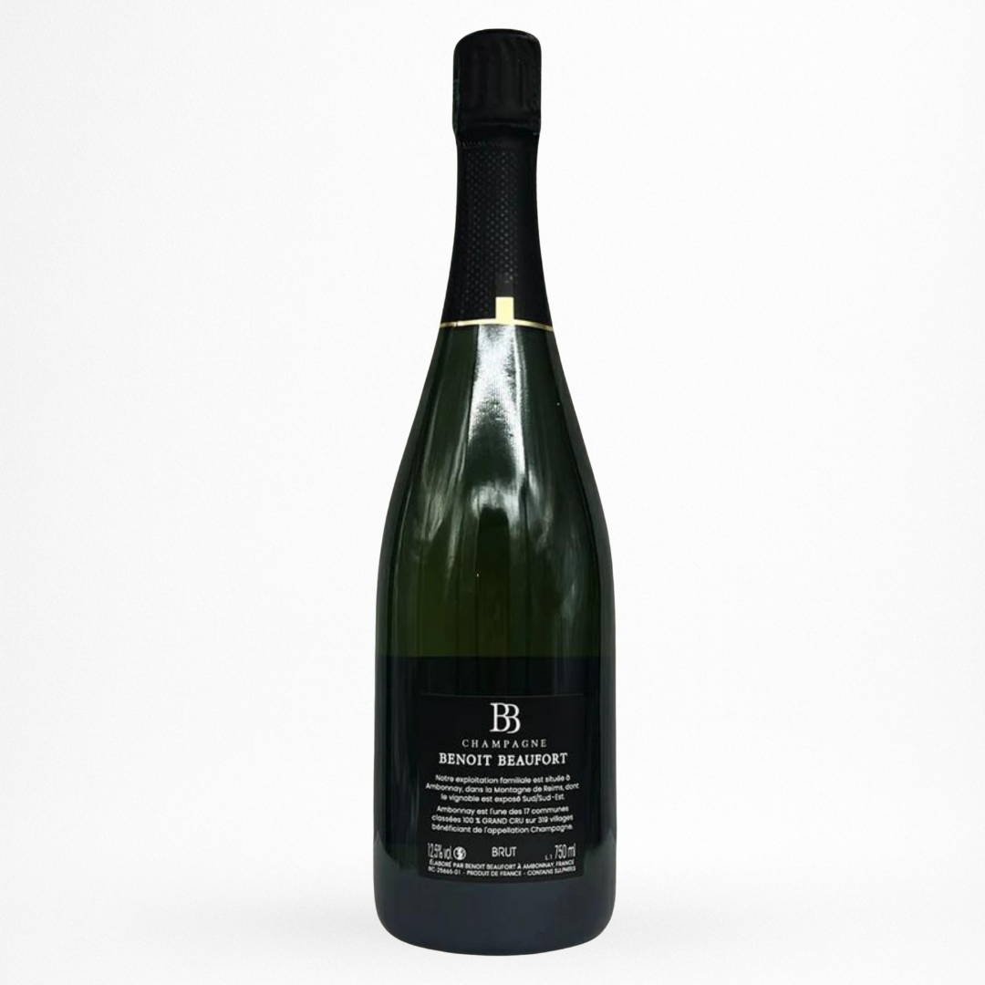 Bouteille de Champagne Brut Tradition Grand Cru Benoît Beaufort, Champagne, vin effervescent blanc, contre etiquette sur fond blanc