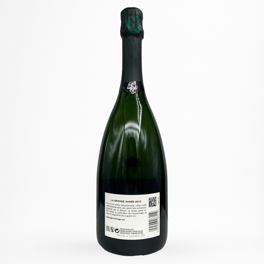Champagne Bollinger La Grande Année 2012 – contre etiquette bouteille Brut AOC Champagne (packshot)