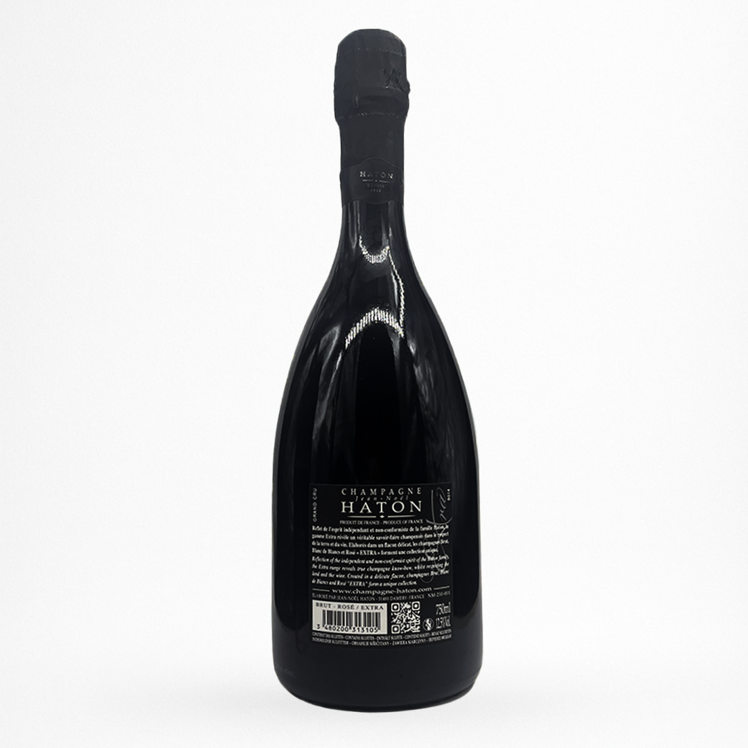 Packshot coffret Champagne Haton La Cuvée Rosé Extra Grand Cru NV, contre etiquette de champagne rosé avec étui noir sur fond blanc