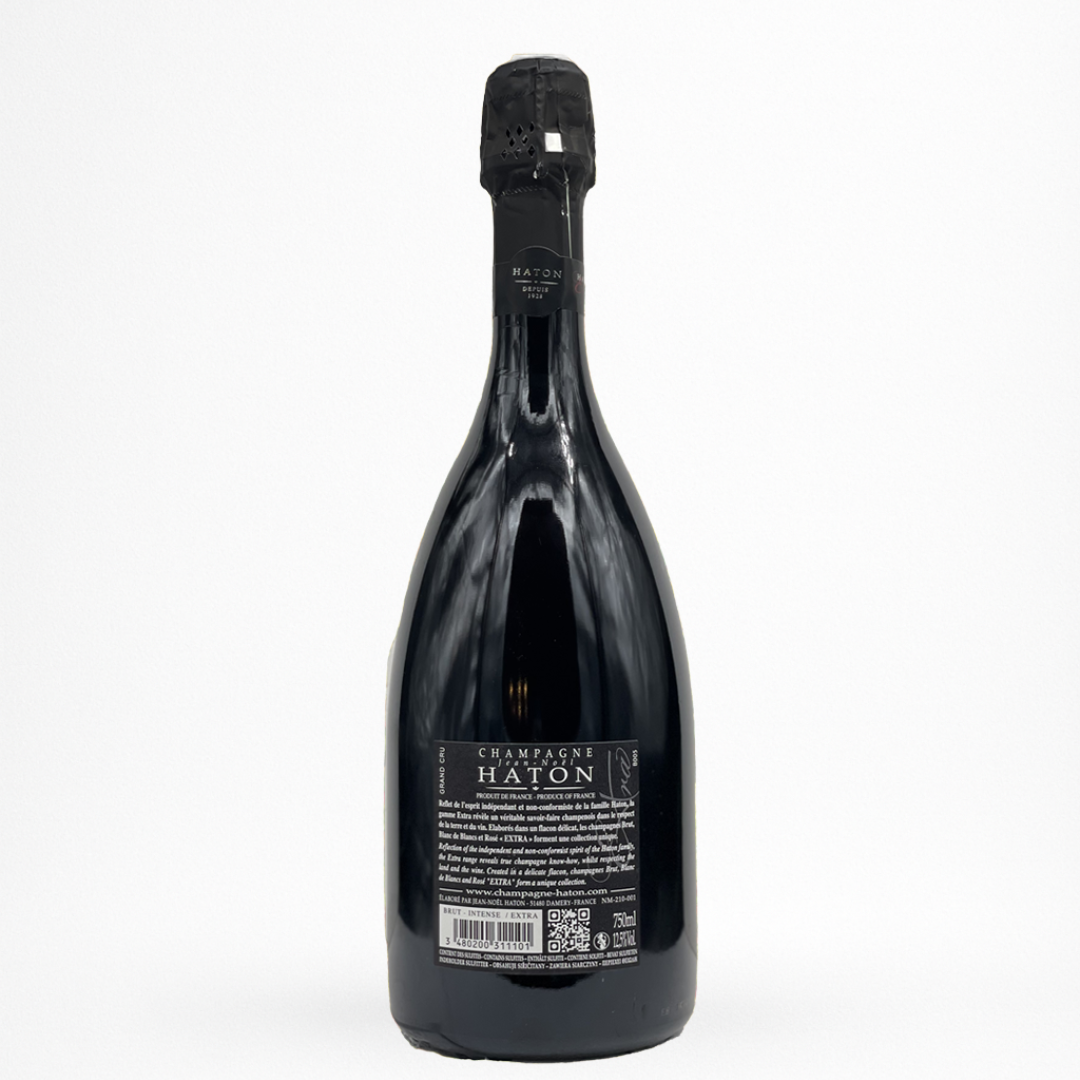 Bouteille de La Cuvée Brut Intense Extra Grand Cru NV Champagne Haton, Champagne, vin effervescent blanc, contre etiquette sur fond blanc