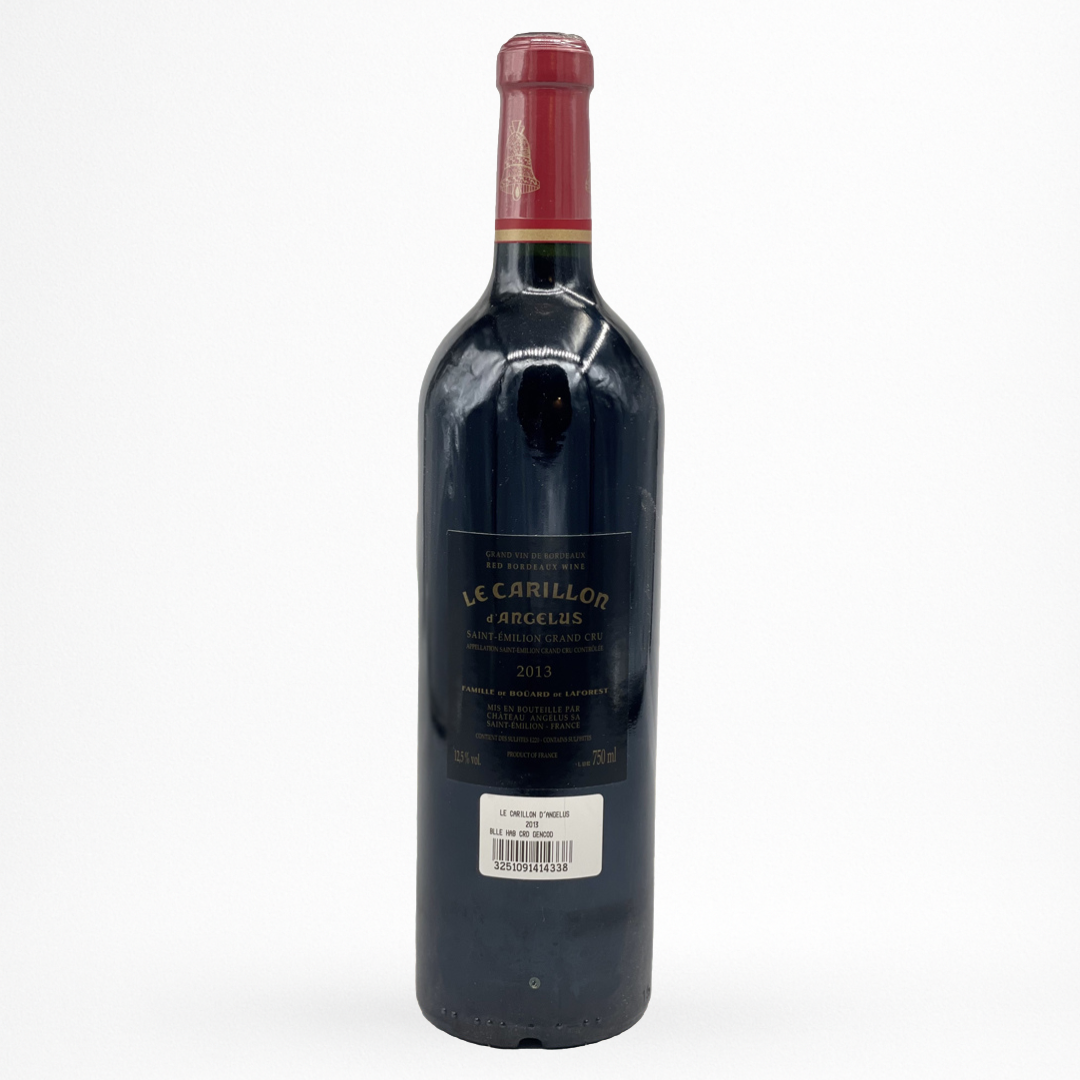 Bouteille de vin rouge Château Angélus Le Carillon d’Angélus 2013 Saint-Émilion Grand Cru, contre etiquette
