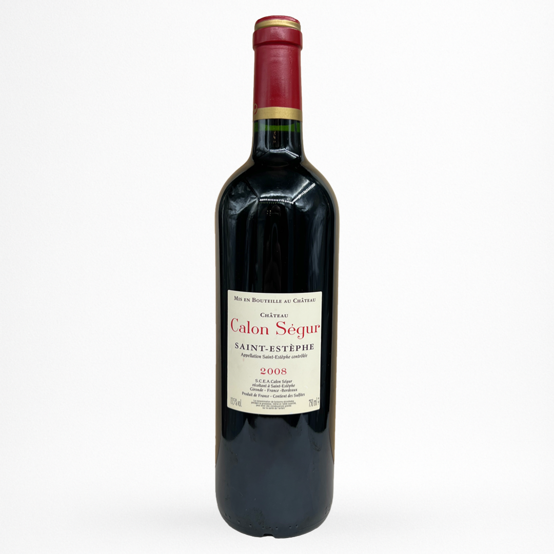 Château Calon Ségur 2008 – Saint-Estèphe Grand Cru Classé, contre etiquette de bouteille packshot sur fond blanc