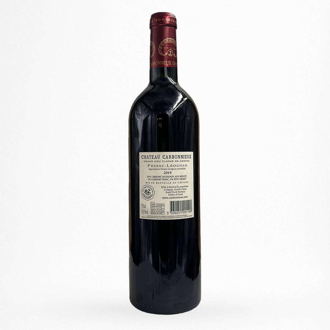 Bouteille de Château Carbonnieux 2019, Pessac-Léognan rouge, Grand Cru Classé de Graves - contre etiquette – vin de Bordeaux