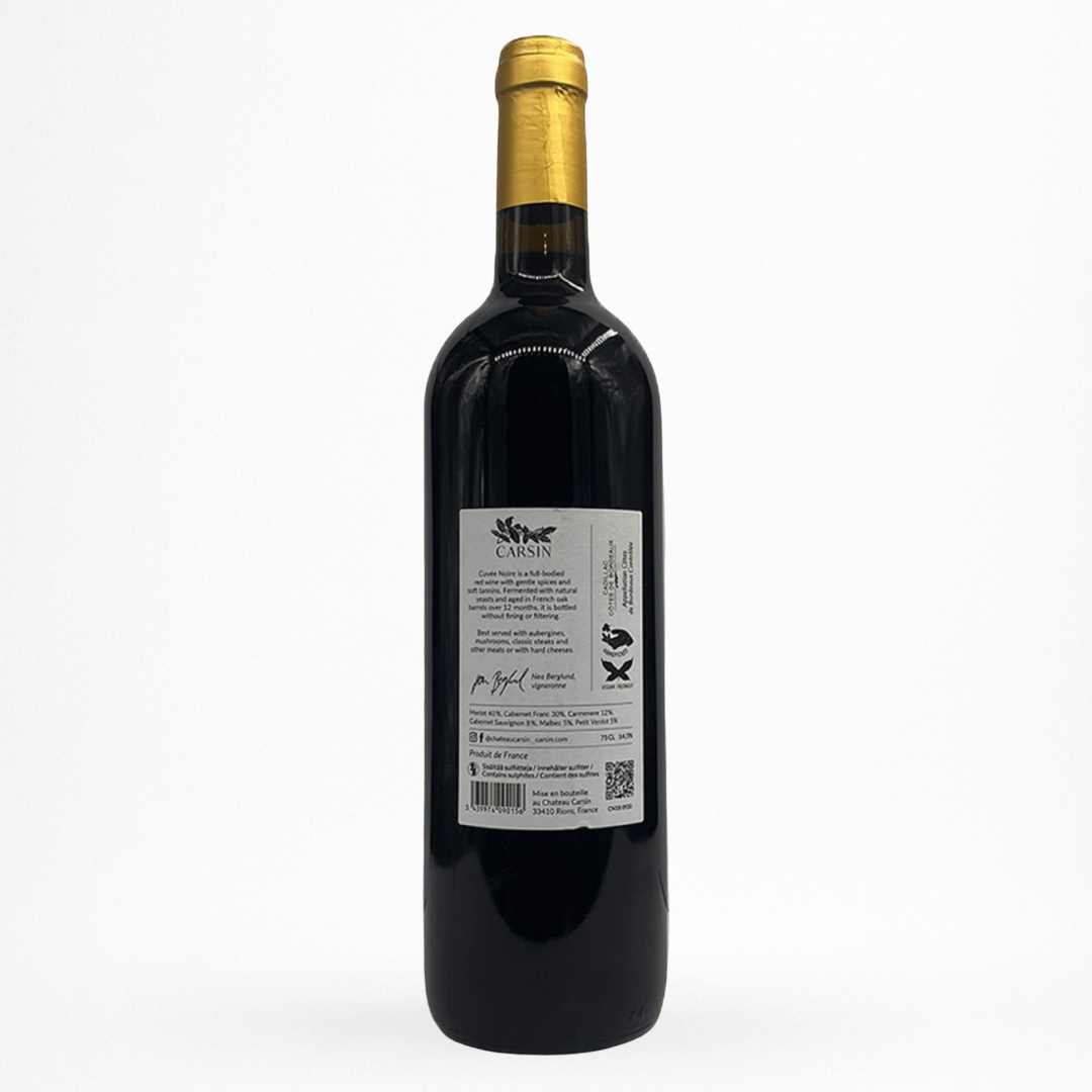 Château Carsin Cuvée Noire – vin rouge AOC Cadillac Côtes de Bordeaux, contre etiquette bouteille 75 cl