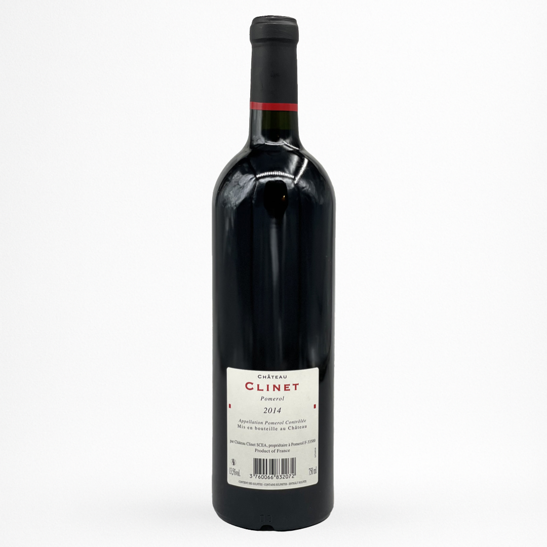 Château Clinet Pomerol 2014 – vin rouge, contre etiquette de la bouteille sur fond blanc