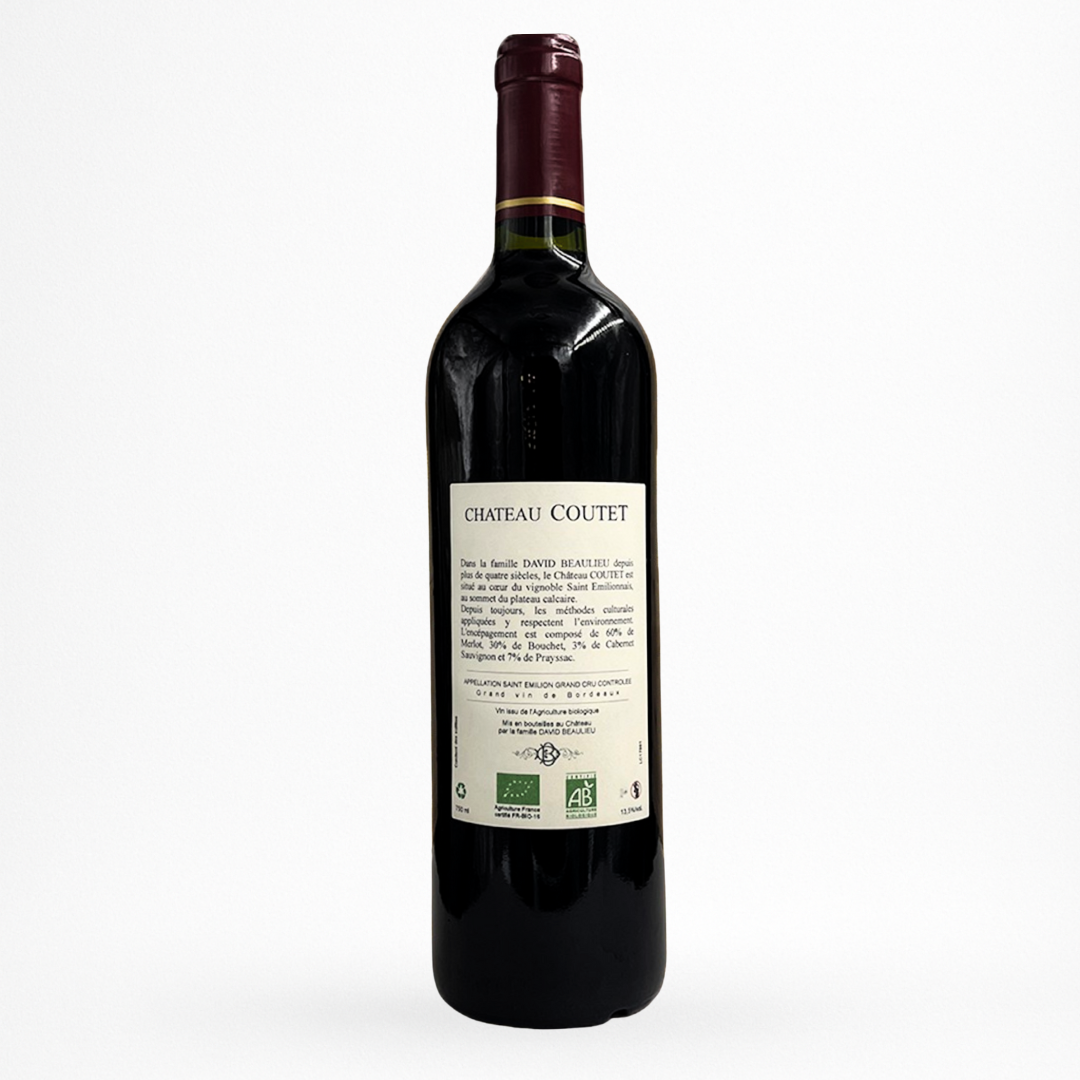 Château Coutet 2019 – Saint-Émilion Grand Cru (Bordeaux) – contre etiquette de bouteille 75 cl, packshot sur fond blanc