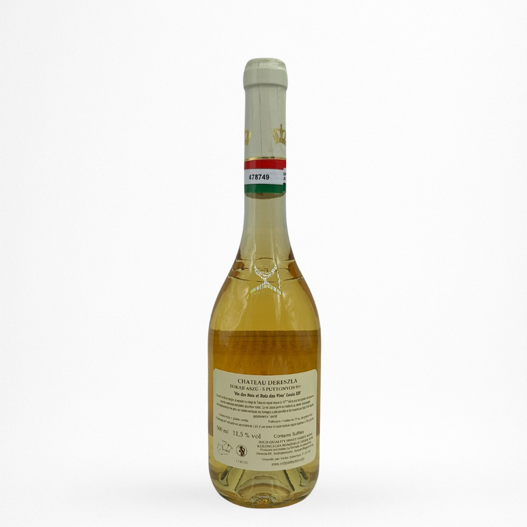Contre étiquette de vin Château Dereszla Tokaji sweet 2019 en Tokaji hongrois sur fond blanc