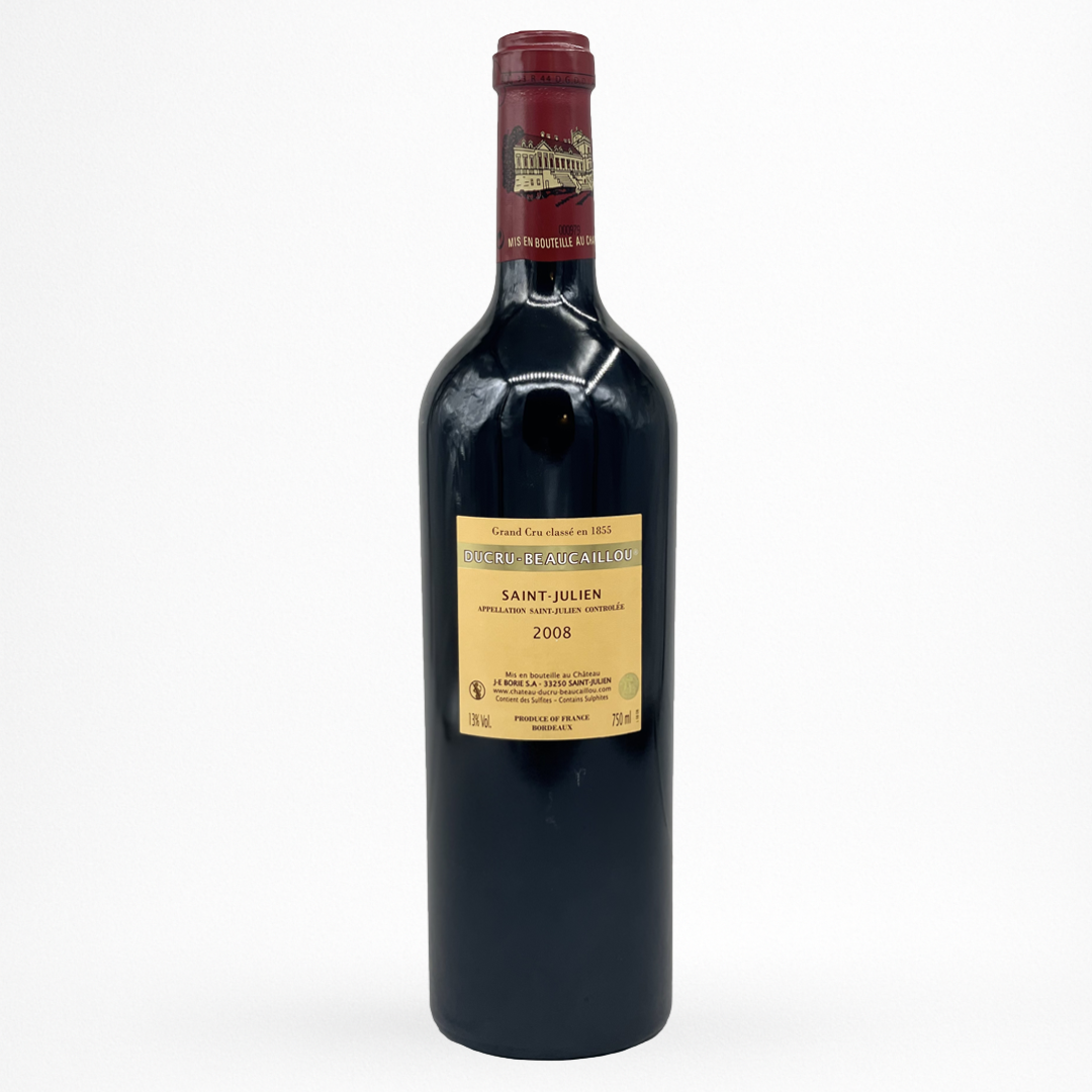 Château Ducru-Beaucaillou 2008 – Saint-Julien (Deuxième Grand Cru Classé 1855), vin rouge de Bordeaux, contre etiquette bouteille packshot sur fond blanc