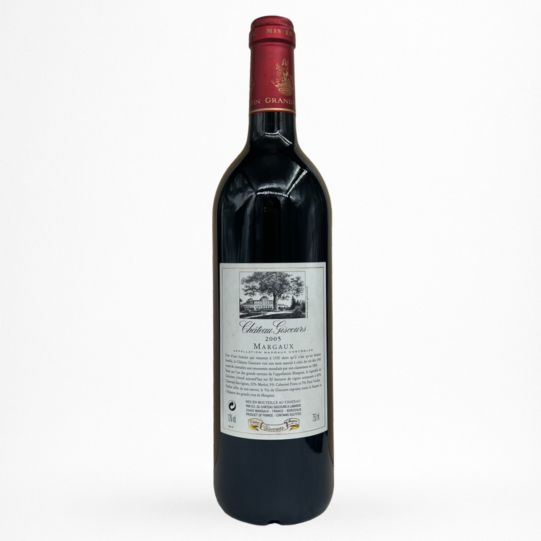 Château Giscours 2005 – Margaux (Grand Cru Classé 1855), vin rouge de Bordeaux, contre etiquette bouteille ancienne packshot sur fond blanc