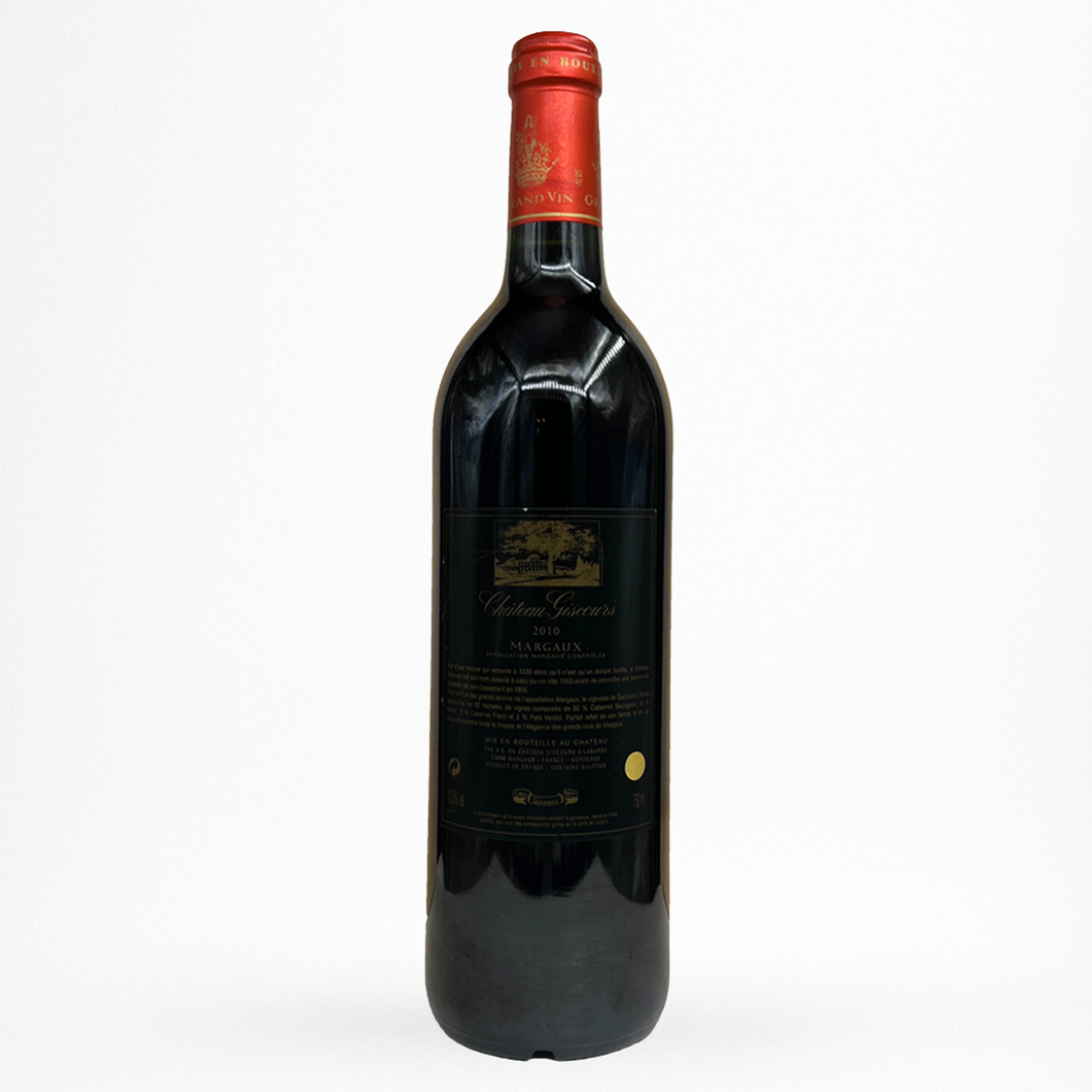 Château Giscours 2010 – Margaux (Grand Cru Classé 1855), vin rouge de Bordeaux, contre etiquette bouteille packshot sur fond blanc