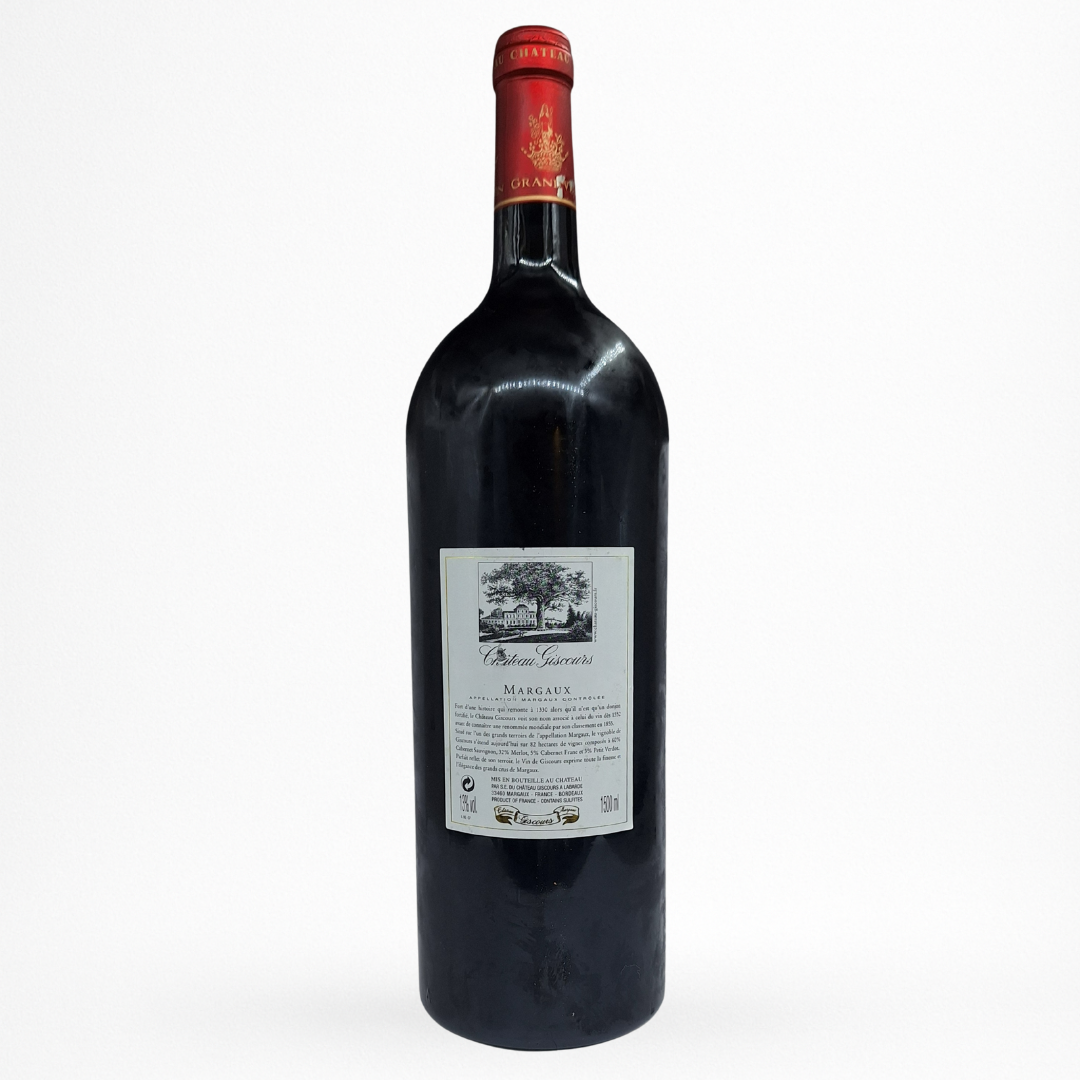 Château Giscours Magnum 2005 – Margaux (Grand Cru Classé 1855), grand format 1,5 L, vin rouge de Bordeaux, contre etiquette bouteille packshot sur fond blanc