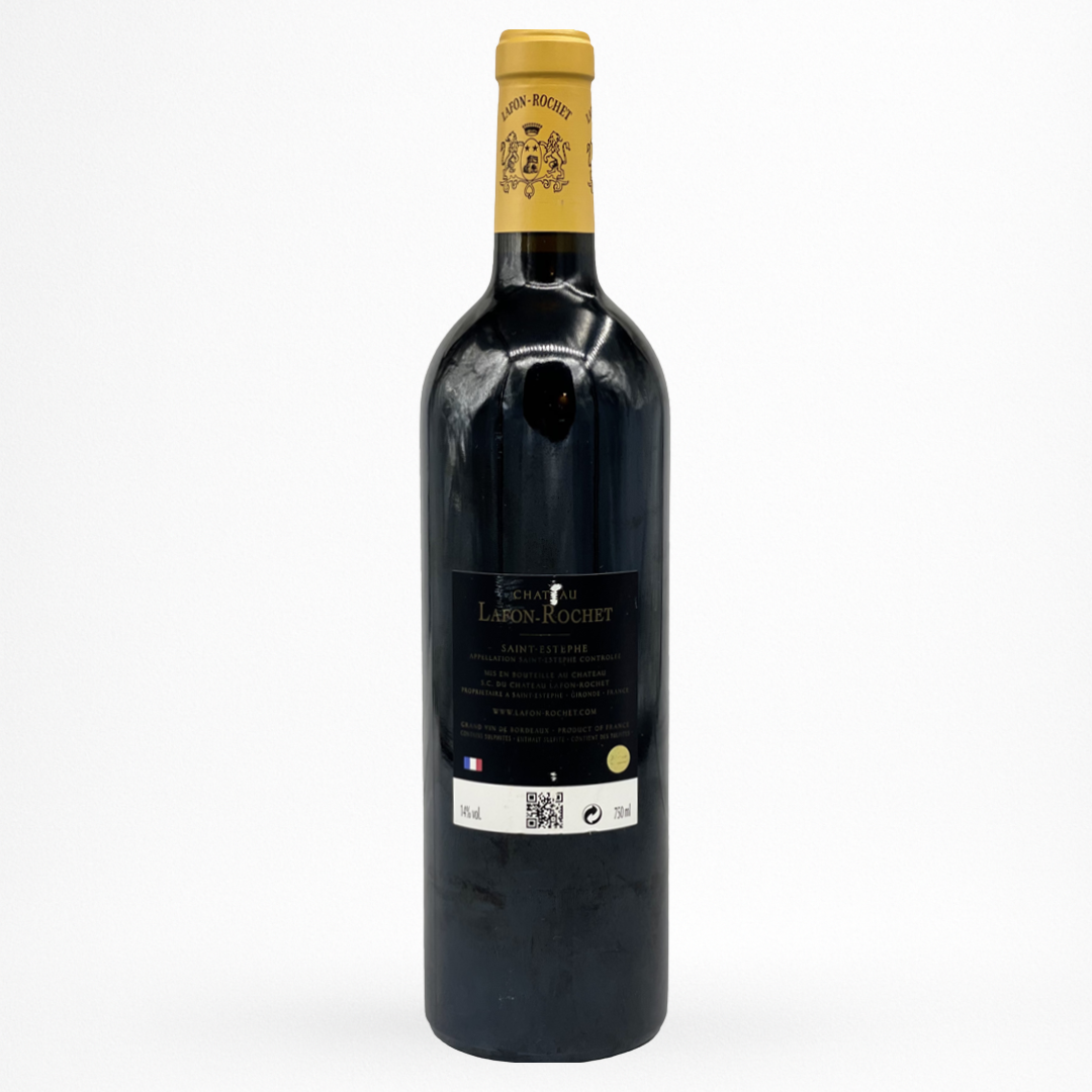 Château Lafon-Rochet 2010 – Saint-Estèphe, Grand Cru Classé 1855, vin rouge de Bordeaux, bouteille packshot sur fond blanc, contre étiquette et capsule jaunes, millésime 2010
