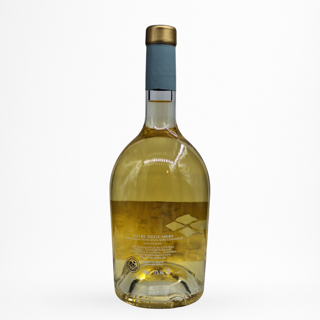 Château Landereau Ajisai 2024 – Entre-Deux-Mers, vin blanc de Bordeaux, bouteille packshot sur fond blanc, capsule bleue, contre étiquette Ajisai, millésime 2024