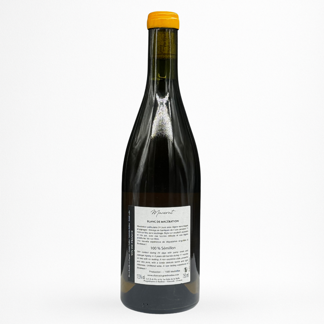 Château Le Grand Verdus Macérat Orange — Vin de France, contre etiquette vin orange (macération), bouteille 75 cl sur fond blanc