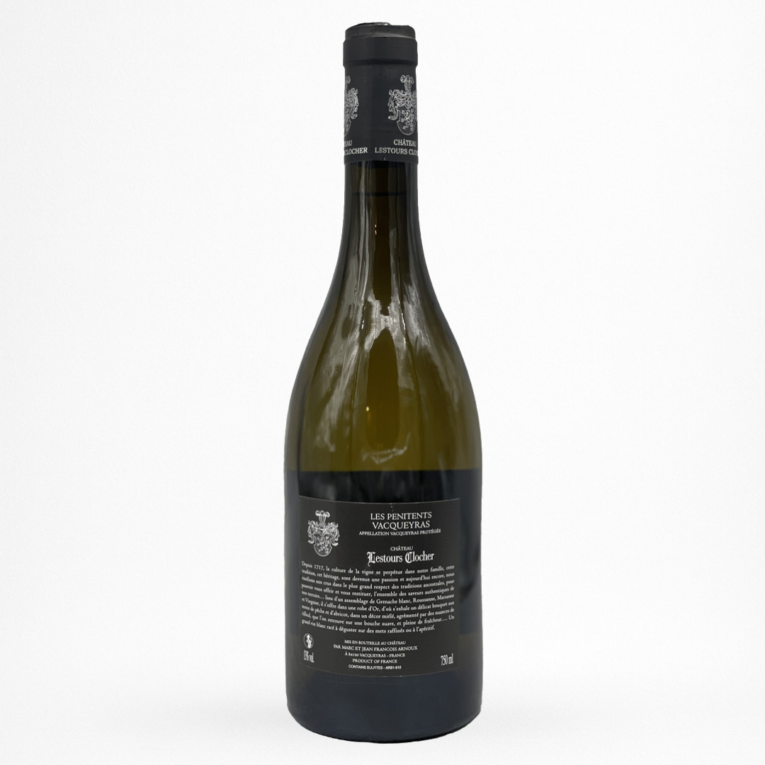 Contre etiquette de bouteille de vin blanc Vacqueyras Les Pénitents 2021 Château Lestours Clocher, verre vert, étiquette noire, fond blanc