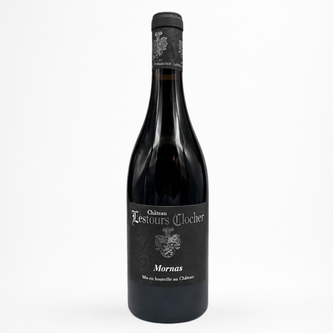 Bouteille de vin rouge Château Lestours Clocher Mornas 2022, étiquette noire avec blason, capsule noire, fond blanc
