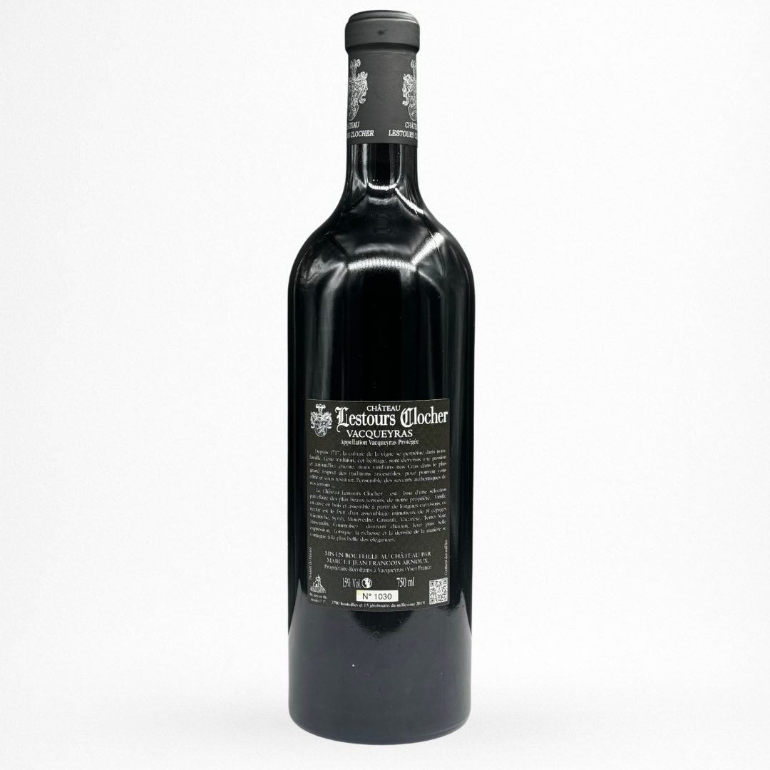 Château Lestours Clocher Vacqueyras rouge – AOC Vacqueyras, vin rouge du Rhône, contre etiquette bouteille 75 cl, packshot sur fond blanc.