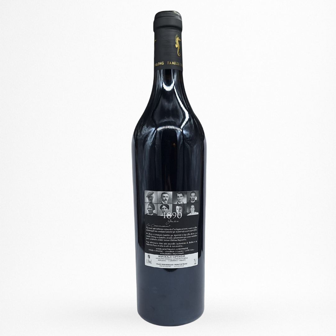 Bouteille de vin rouge Château Majoureau La Genèse 2022 Bordeaux Supérieur, contre étiquette noire 1890, capsule noire