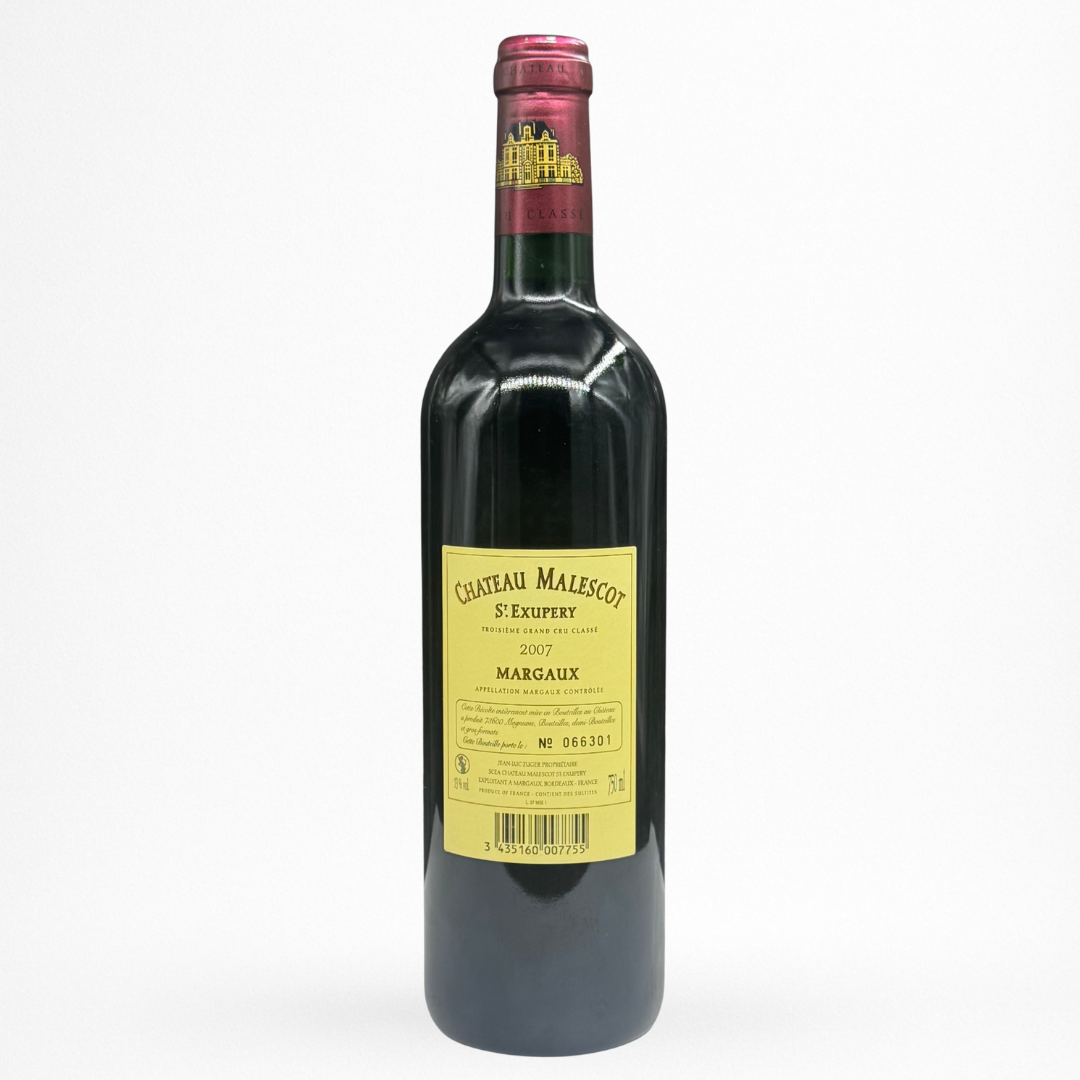 Château Malescot Saint-Exupéry 2007 – Margaux AOC, Grand Cru Classé, vin rouge, contre etiquette bouteille 75 cl (capsule pourpre), packshot sur fond blanc.