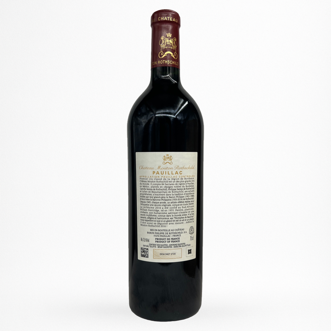 Bouteille de vin rouge Château Mouton Rothschild 2016 Pauillac, contre étiquette, capsule bordeaux