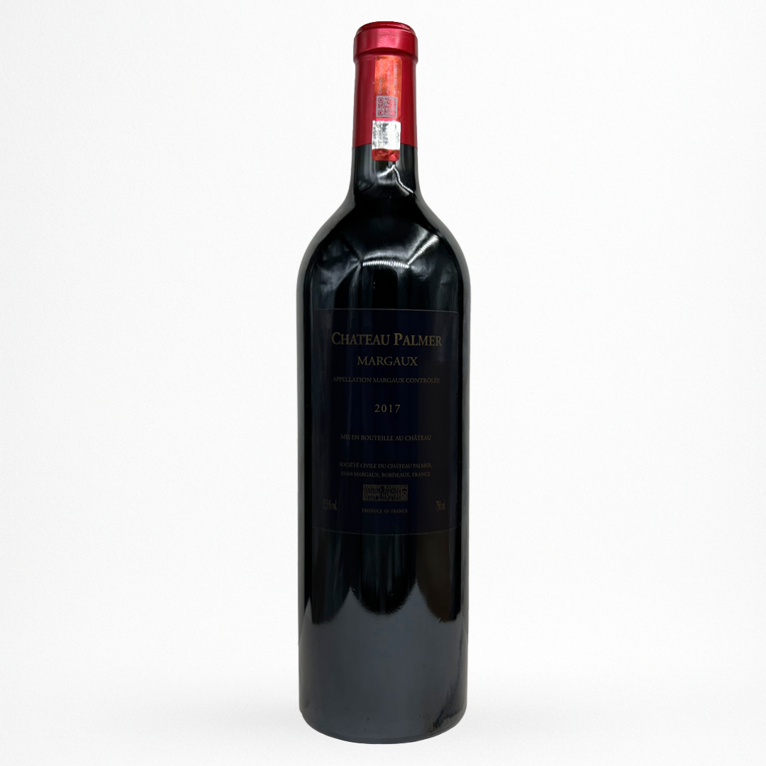 Bouteille de Château Palmer 2017 (Grand vin – AOC Margaux) : bouteille bordelaise sombre, capsule rouge, vin rouge profond. Contre étiquette noire.
