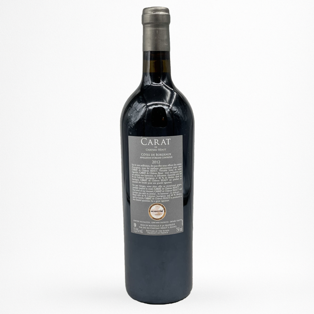 Contre etiquette bouteille de vin Château Réaut - Carat - 2012 - Vin de Cadillac Côtes de Bordeaux