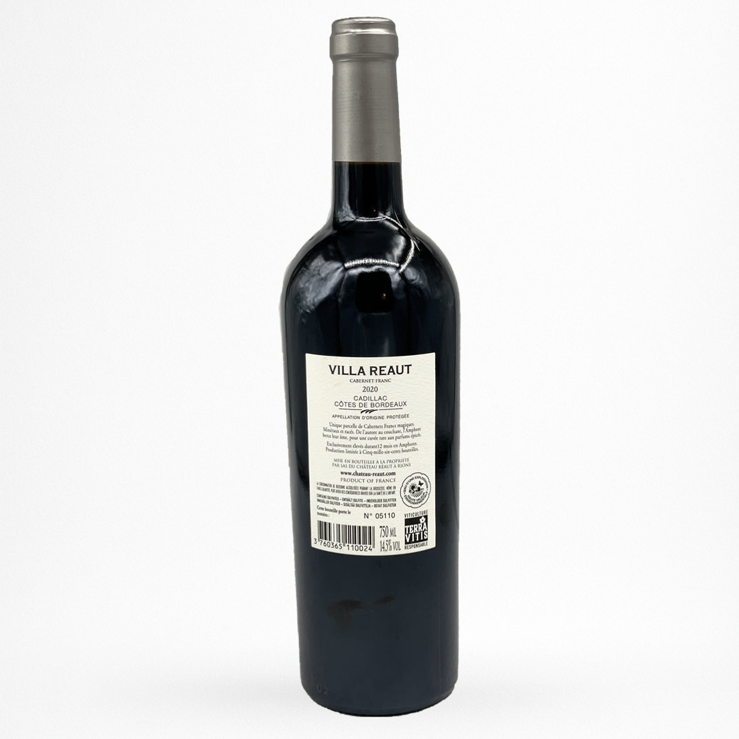 Contre etiquette bouteille de vin Château Réaut - Villa Réaut Cabernet Franc - 2020 - Vin de Cadillac Côtes de Bordeaux