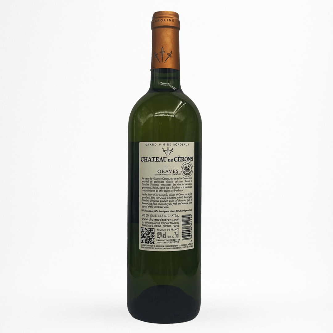 Bouteille Château de Cérons Blanc — Graves AOC (Bordeaux), contre etiquette vin blanc sec, sur fond blanc.