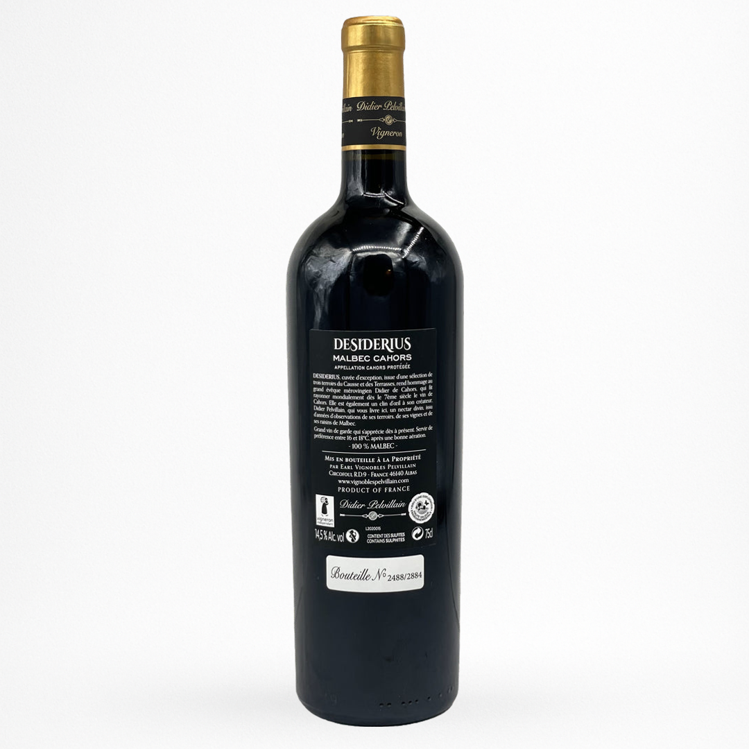 Contre etiquette bouteille de vin Didier Pelvillain - Desiderius - 2020 - Vin de Cahors
