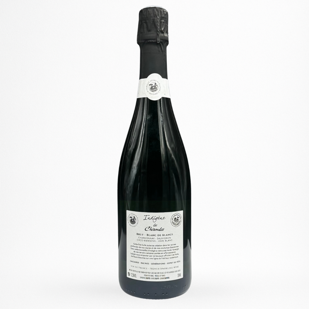 Domaine Chiroulet Indigène Brut – Pétillant Naturel blanc de blancs, Côtes de Gascogne, contre etiquette bouteille 75 cl sur fond blanc.