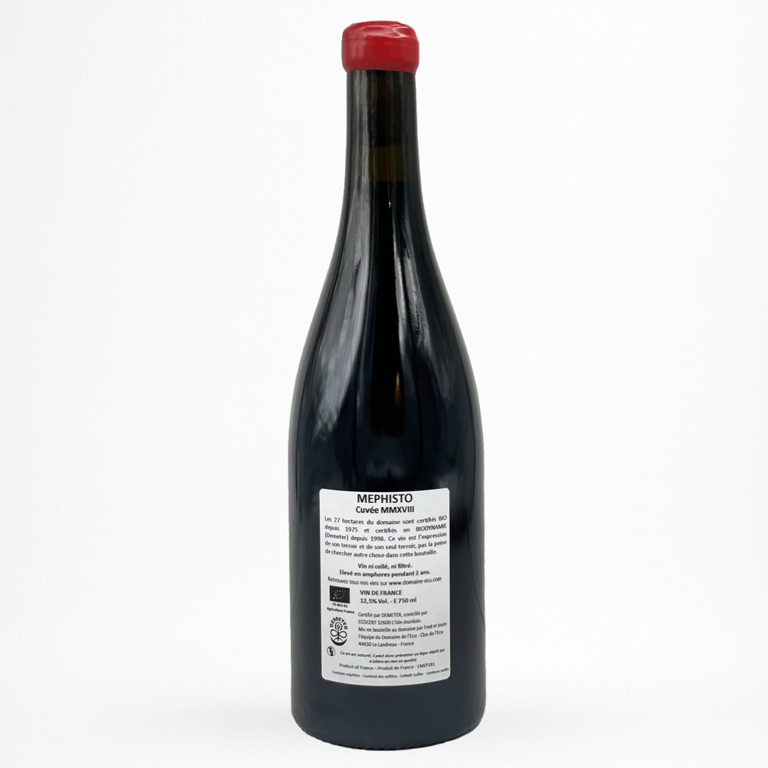 Domaine de l’Ecu – Méphisto 2018 (Vin de France), vin rouge, bouteille 75 cl à capsule cire rouge, contre etiquette packshot sur fond blanc.