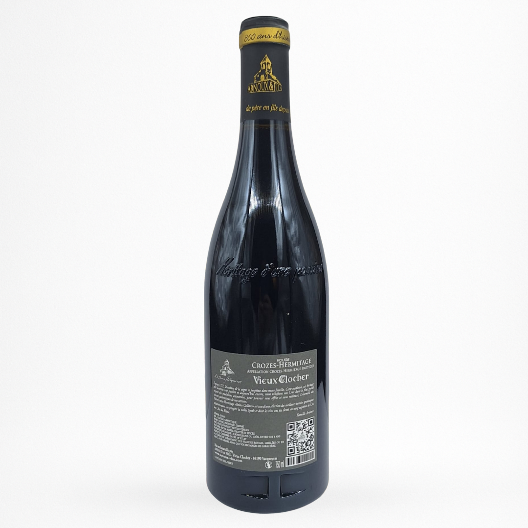 Vieux Clocher Petites Collines – Crozes-Hermitage AOC vin rouge – bouteille contre etiquette 75cl packshot sur fond blanc