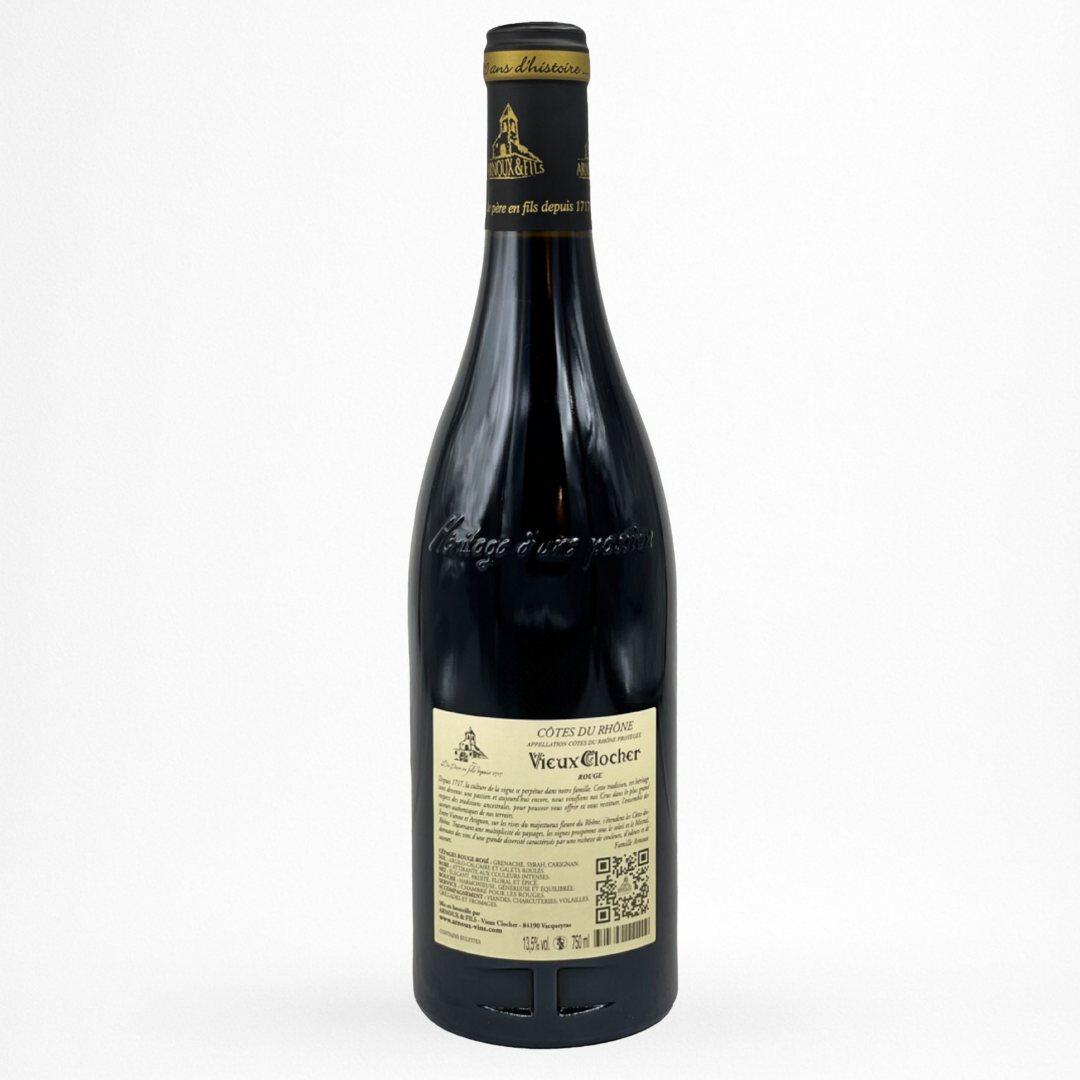Bouteille Vieux Clocher — Côtes-du-Rhône AOC, vin rouge, contre etiquette sur fond blanc.
