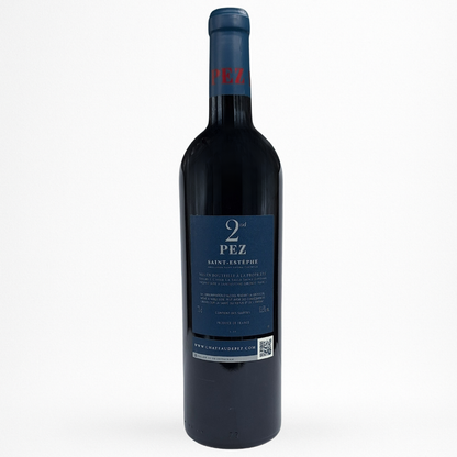 Bouteille de vin 2nd de Pez, Saint-Estèphe, vin rouge, contre etiquette sur fond blanc
