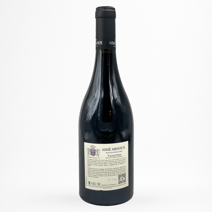 Bouteille de Vacqueyras Sélection Parcellaire Aimé Arnoux, vin rouge, contre etiquette sur fond blanc