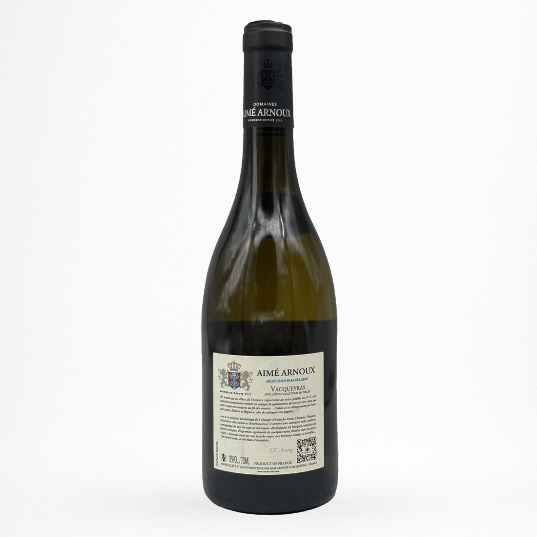 Bouteille de Vacqueyras blanc Sélection Parcellaire Aimé Arnoux, vin blanc, contre etiquette sur fond blanc
