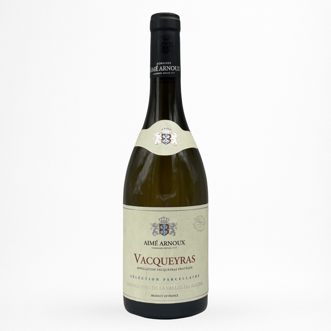 Bouteille de Vacqueyras blanc Sélection Parcellaire Aimé Arnoux, vin blanc, vue de face sur fond blanc