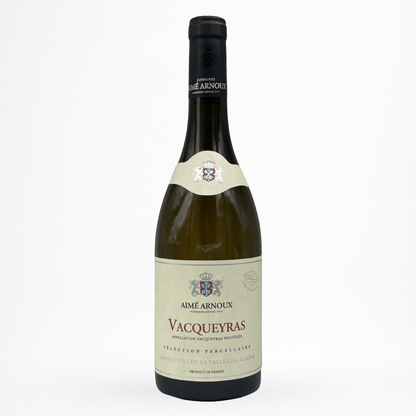 Bouteille de Vacqueyras blanc Sélection Parcellaire Aimé Arnoux, vin blanc, vue de face sur fond blanc