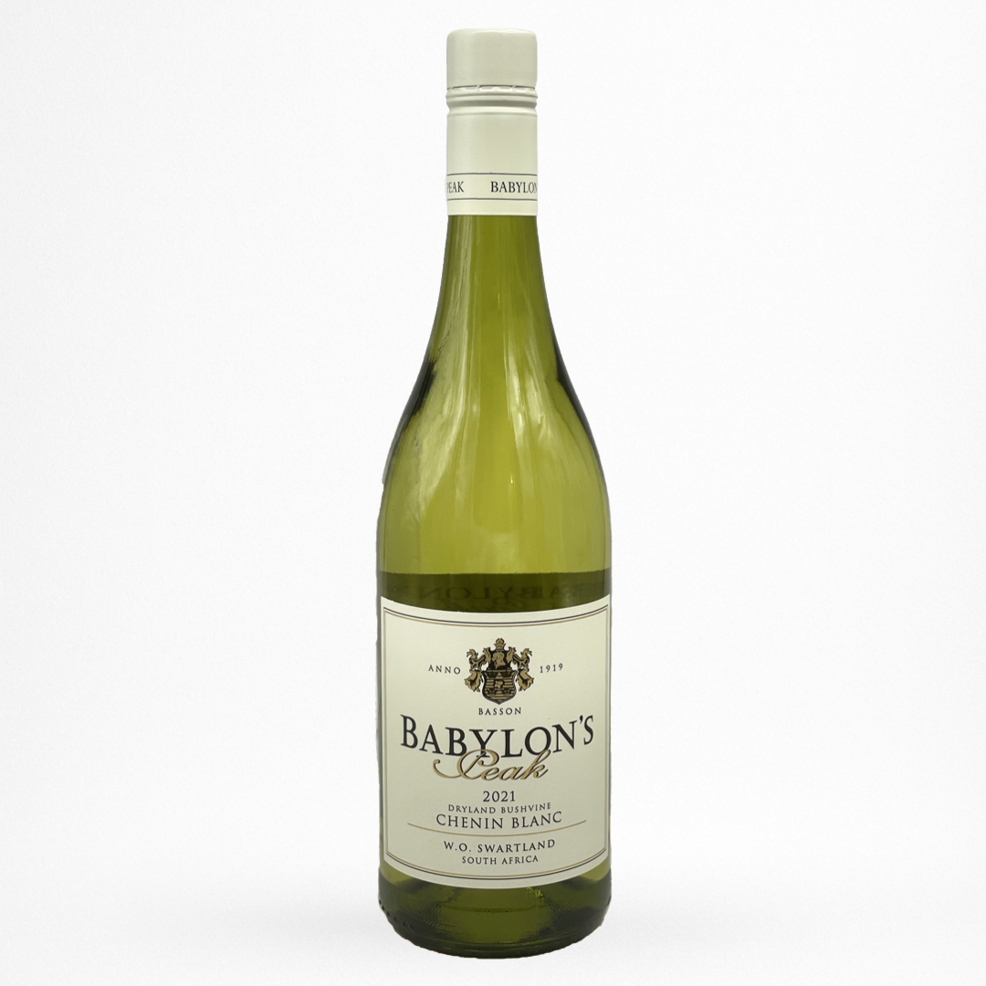 Bouteille de Chenin Blanc Babylon's Peak, Swartland, vin blanc d’Afrique du Sud, vue de face sur fond blanc