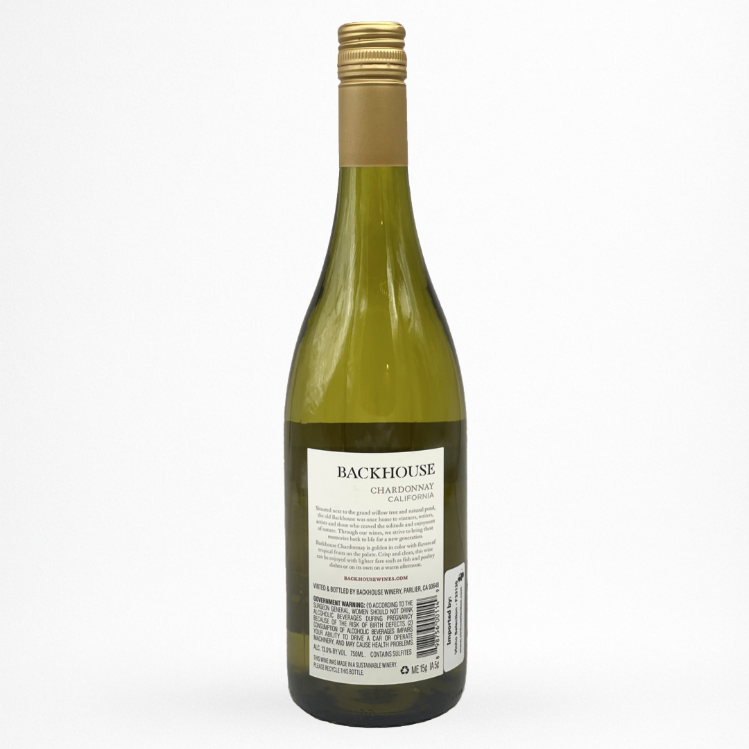 Bouteille de Chardonnay Backhouse, Californie, vin blanc des États-Unis, contre etiquette sur fond blanc