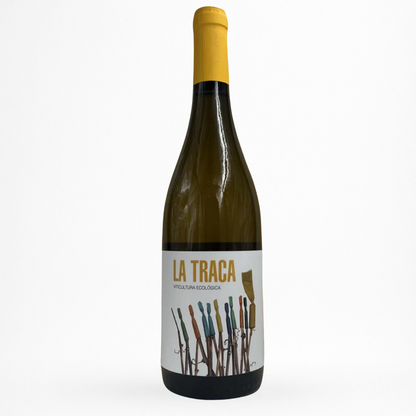 Bouteille de La Traca blanc 2022 Bodega Mustiguillo, Valencia, vin blanc d’Espagne, vue de face sur fond blanc