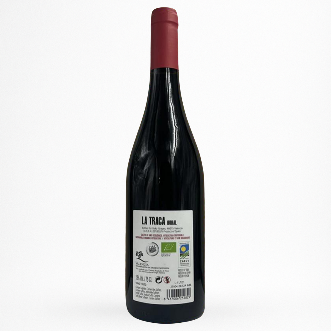 Bouteille de La Traca tinto Bodega Mustiguillo, Valencia, vin rouge d’Espagne, contre etiquette sur fond blanc