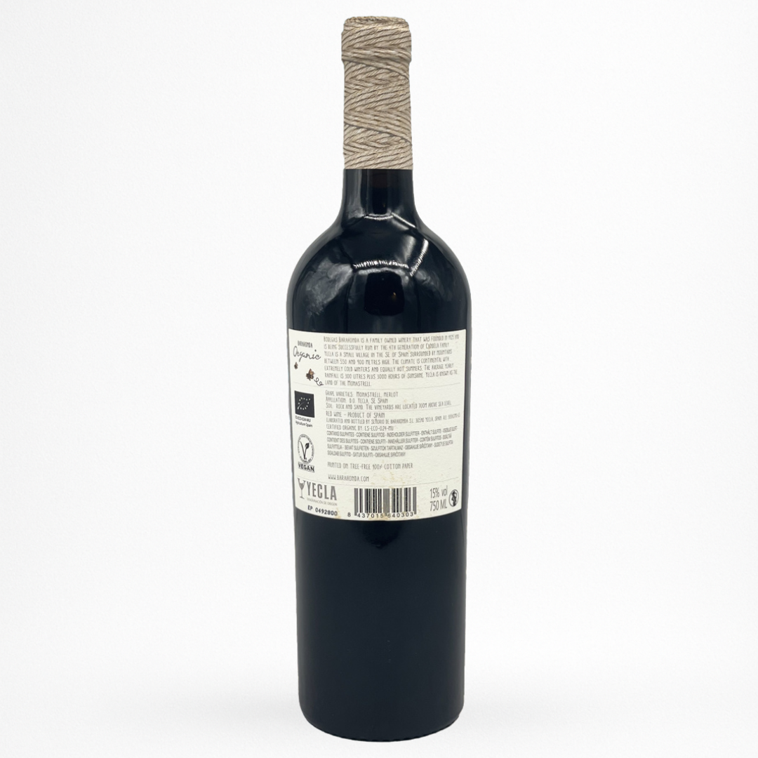 Bouteille de Barahonda Organic 2019 Bodegas Barahonda, Yecla, vin rouge d’Espagne, contre etiquette sur fond blanc